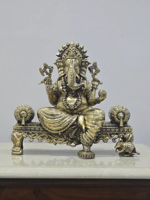 Metal Arts Brass Design Ganesh with Chowki - Antique Look Ganesh Statue
