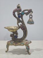 Traditional Golden Peacock Designer Brass Diya with Bell & Stand - Decorative Diya