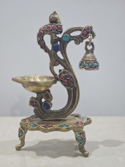 Traditional Golden Peacock Designer Brass Diya with Bell & Stand - Decorative Diya