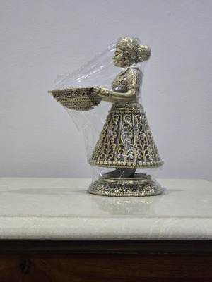 Metal Arts Brass Lady Figure with Bowl – Traditional Decorative Showpiece for Home & Office Décor